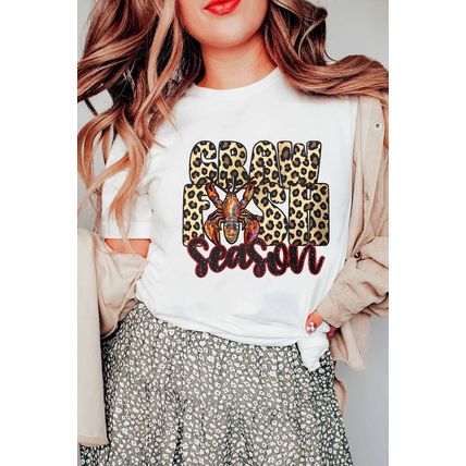 White Crawfish Season Leopard Letter Graphic Tee