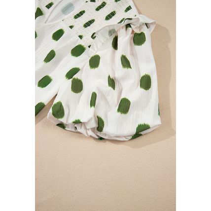 Apricot Polka Dot Print Shirred Yoke Notched Neck Balloon Sleeve Blouse