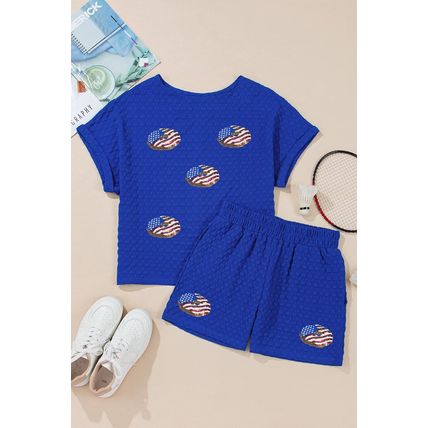 Sky Blue Textured USA Flag Doughnut Graphic Buttoned Back Tee and Shorts