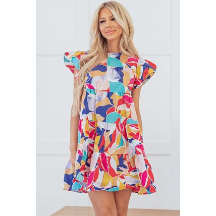 Pink Abstract Printed Ruffled Flutter Sleeve Tiered Mini Dress