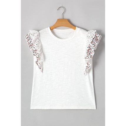 White Floral Lace Eyelet Patched Butterfly Sleeve Blouse