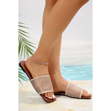 Beige Rhinestone Mesh Square Toe Flat Slippers