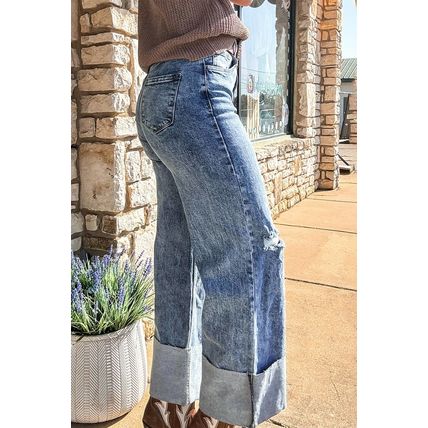 Ashleigh Blue Mineral Wash Bottom Cuff Distressed Wide Leg Jeans