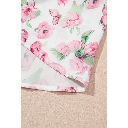 Pink Floral Split Neck Short Sleeve Loose Plus Size Mini Dress