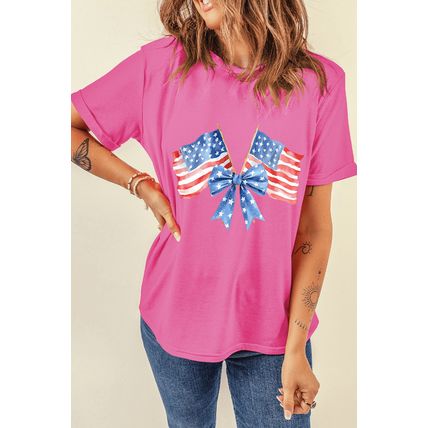 Sachet Pink Dual American Flag Bow Printed Casual T Shirt