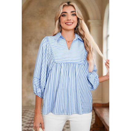 Sky Blue Stripe Shirt Collar V Neck Ricrac Trim 3/4 Puff Sleeve Blouse