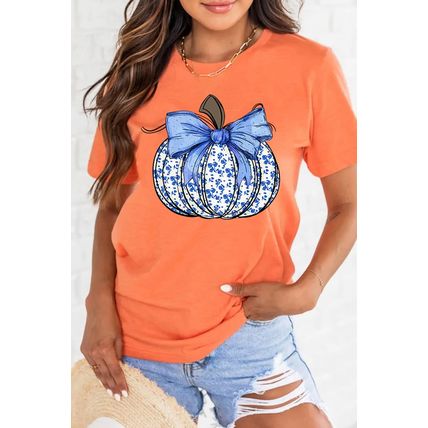 Orange Floral Pumpkin Bow Print Thanksgiving T Shirt