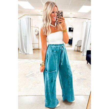 Lapis Mineral Wash Lace-up High Waist Raw Hem Patched Pocket Pants