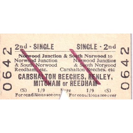 NORWOOD - CARSHALTON MITCHAM REEDHAM 1968 British Railways Board Ticket BRB 0642