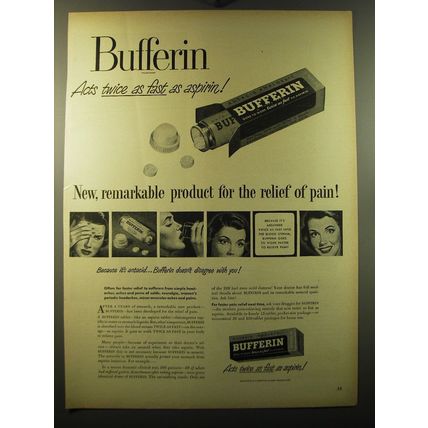 1949 Bufferin Medicine Ad - Bufferin acts twice as fast as aspirin