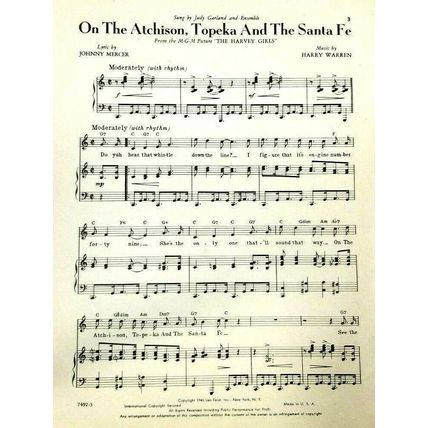 Judy Garland 1945 Sheet Music The Harvey Girls Atchison Topeka Santa Fe (K10i)