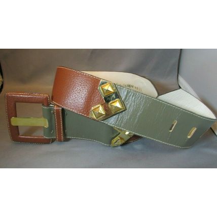 RARE 1980's YVES SAINT LAURENT Brass Leather Belt TAN/GREY-GREEN Med 29"31" 4974