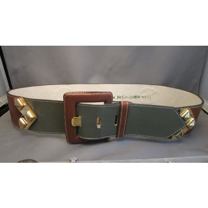 RARE 1980's YVES SAINT LAURENT Brass Leather Belt TAN/GREY-GREEN Med 29"31" 4974
