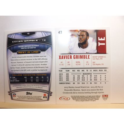 2014 Bowman/SAGE Hit XAVIER GRIMBLE (Giants) 2 x Rookie Cards