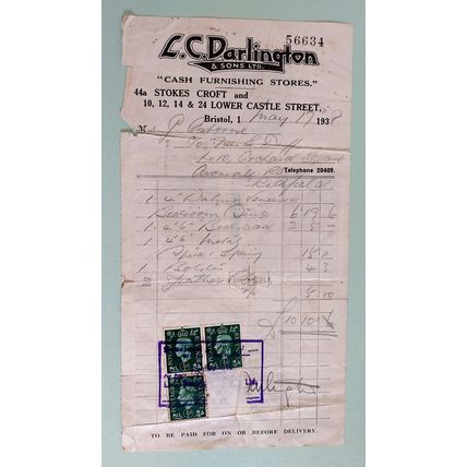 Receipt 1938 L C Darlington Furnishing Stores Bristol