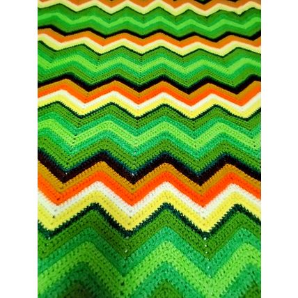 Crochet Handmade Dona Warner Chevron Afghan 55"x68" Green Yellow Brown White Tan