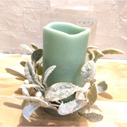 Mikasa Home Accents B/O Pillar Candle 3x6 Mint Green & Iced Lambs Ear Greenery
