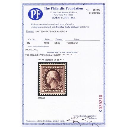 342, Mint XF VLH $1 - GEM With PFC Graded 90 Certificate - Stuart Katz