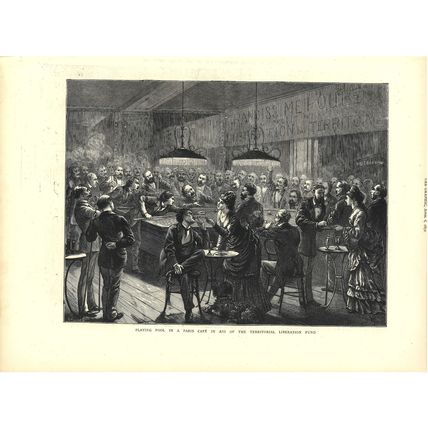 PLAYING POOL IN A PARIS CAFE 1872 Horace Harral VICTORIAN ENGRAVING
