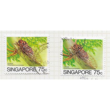 SINGAPORE 1985 INSECTS CICADA 75c BOTH PRINTINGS USED