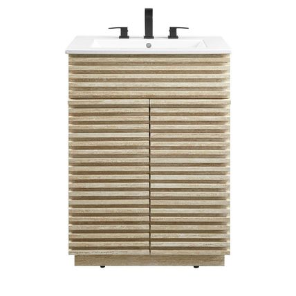 23.5" Mid-Century Bathroom Vanity Black, White, Gray, Oak Laminate Tapered Legs