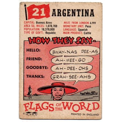 A & B C GUM TRADE CARD FLAGS OF THE WORLD 1959 No. 21. ARGENTINA 95 X 67 mm