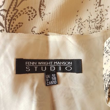 Fenn Wright Manson Designer Cream Beige Black Print Dress Silk 12 UK