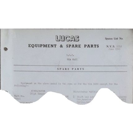 1961 MGA MkII LUCAS Equipment & Spare Parts List NVS 1759