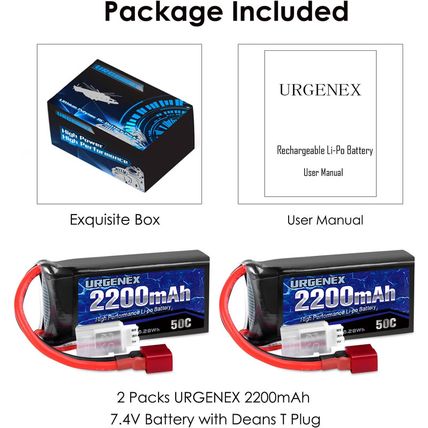 URGENEX 7.4V 2200Mah Lipo Battery 50C(Burst 80C) High Discharge Rate RC Batterie