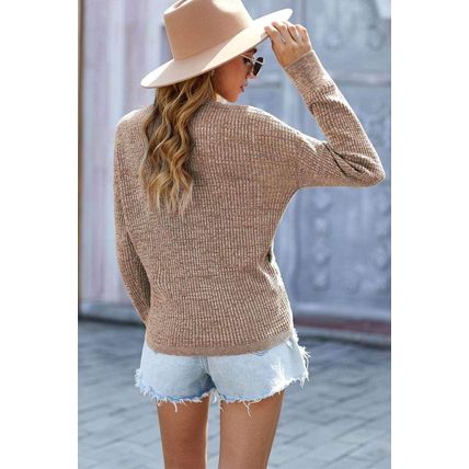 Khaki Deep V-neck Long Sleeve Knit Sweater