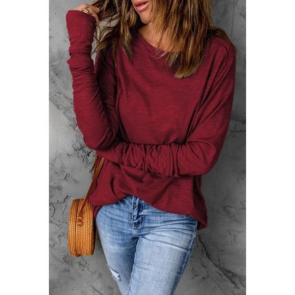 Red Solid Crew Neck Long Sleeve Top