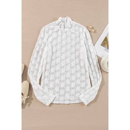 White Floral Lace High Neck Long Sleeve Top