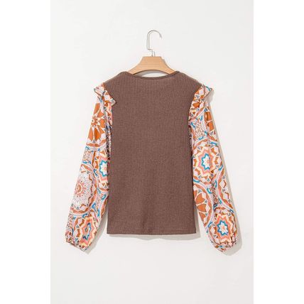 Coffee Ruffled Floral Sleeve Patchwork Waffle Knit O Neck Blouse