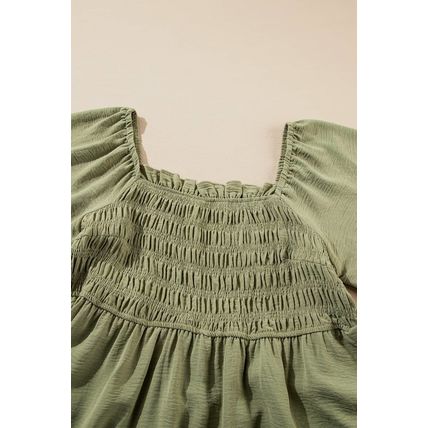 Grass Green Frilly Square Neck Flutter Sleeve Smocked High Waist Plus Size Dress