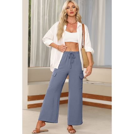 Dark Grey Drawstring Frilled Waist Wide Leg Utility Trousers