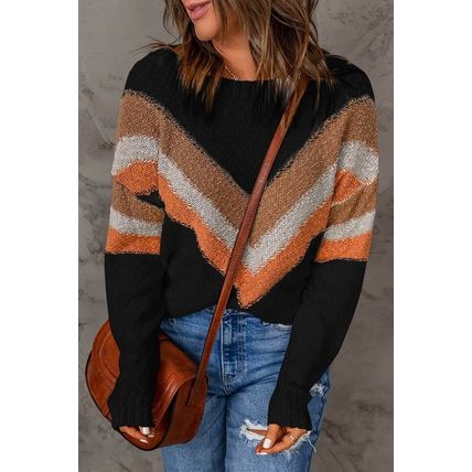 Multicolor Black Chevron Striped Drop Shoulder Sweater