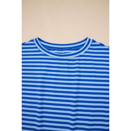 Sky Blue Stripe Ribbed Cap Sleeve Round Neck T Shirt