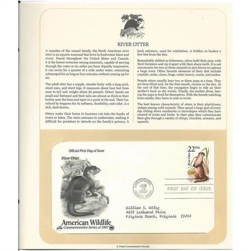 AMERICAN WILDLIFE ' OFFICIAL FIRST DAY of ISSUE ' RIVER OTTER (1987)