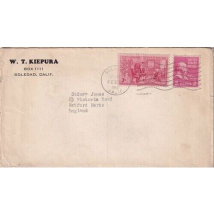 United States 1952 Soledad CAL-Watford UK Cover Soledad cancel typed VGC