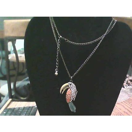Blue Green Gold Toucan tropical bird long bill toucan 30" chain necklace pendant