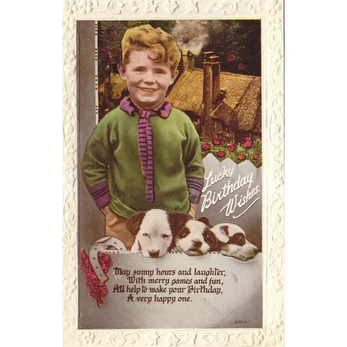 Vintage Colour Postcard - Lucky Birthday Wishes - Boy with Puppies No.4694/1