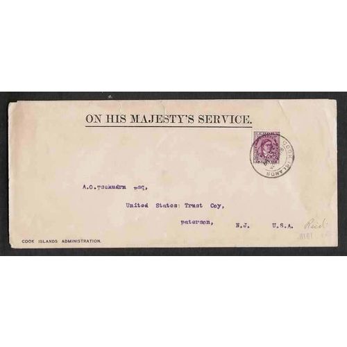 Cooks Island OHMS to USA 1919 Raratonga Barrel Cancel