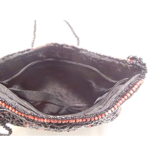 Vintage Purse Handbag Black and Red Heart Themed Beaded