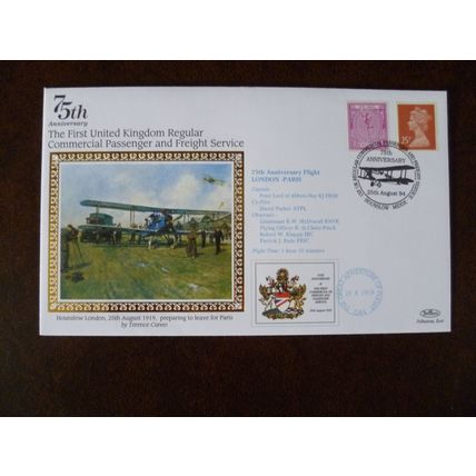 1994 GB 75th Ann 1st Flight London-Paris Benham Silk Flown Cover Special Event