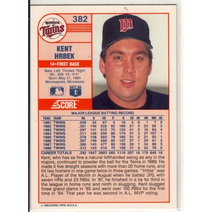 1989 Score Kent Hrbek baseball card #382 – Twins