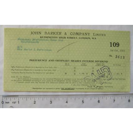 1951 dividend statement John Barker & Co., London - Parkinson, Bournemouth