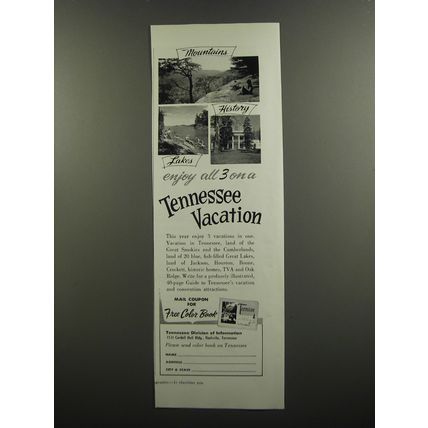 1957 Tennessee Division of Information Ad - Mountains History Lakes enjoy all 3