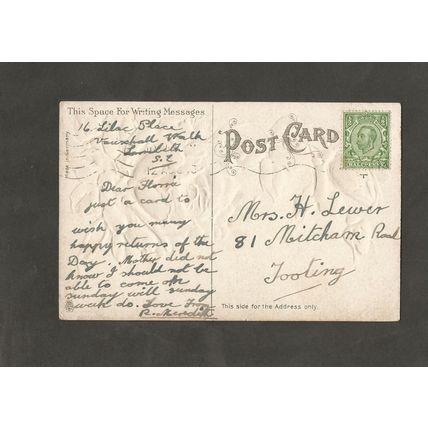 Genealogy Postcard Mrs Flora Lewer 81 Mitcham Road Tooting london