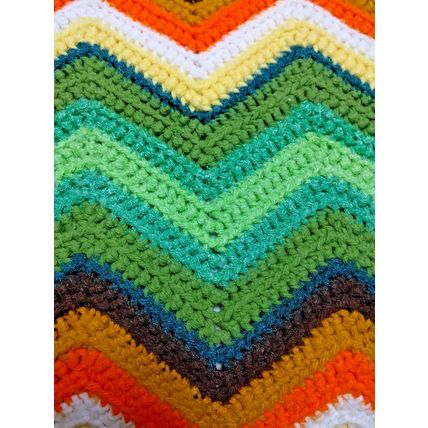 Crochet Handmade Dona Warner Chevron Afghan 55"x68" Green Yellow Brown White Tan