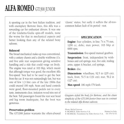 Collectors Club card. Classic Cars. Alfa Romeo GT1300 Junior